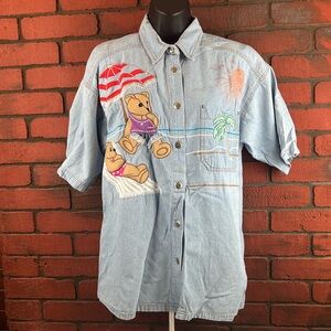 Together Missy Women's Small Denim Button-Down Shirt – Beach‎ Bears Print